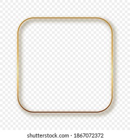 Gold glowing rounded square frame with shadow isolated on transparent background. Shiny frame with glowing effects. Vector illustration.