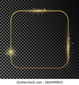 Gold glowing rounded square frame isolated on dark transparent background. Shiny frame with glowing effects. Vector illustration.