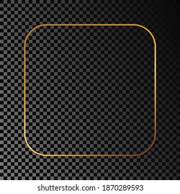 Gold glowing rounded square frame isolated on dark transparent background. Shiny frame with glowing effects. Vector illustration.