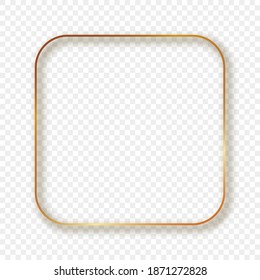 Gold glowing rounded square frame with shadow isolated on transparent background. Shiny frame with glowing effects. Vector illustration.