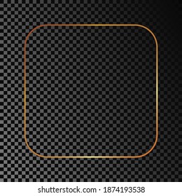 Gold glowing rounded square frame isolated on dark transparent background. Shiny frame with glowing effects. Vector illustration.
