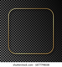 Gold glowing rounded square frame with shadow isolated on dark transparent background. Shiny frame with glowing effects. Vector illustration.