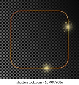 Gold glowing rounded square frame isolated on dark transparent background. Shiny frame with glowing effects. Vector illustration.