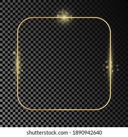 Gold glowing rounded square frame isolated on dark transparent background. Shiny frame with glowing effects. Vector illustration.