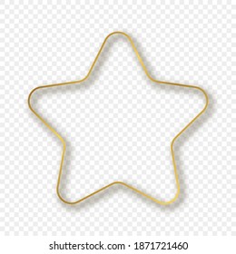Gold glowing rounded star shape frame with shadow isolated on transparent background. Shiny frame with glowing effects. Vector illustration.