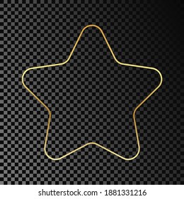Gold glowing rounded star shape frame isolated on dark transparent background. Shiny frame with glowing effects. Vector illustration.