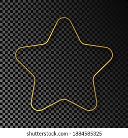 Gold glowing rounded star shape frame with shadow isolated on dark transparent background. Shiny frame with glowing effects. Vector illustration.