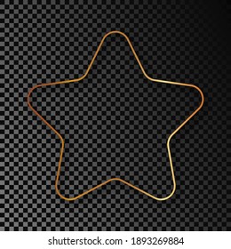 Gold glowing rounded star shape frame with shadow isolated on dark transparent background. Shiny frame with glowing effects. Vector illustration.