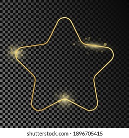 Gold glowing rounded star shape frame isolated on dark transparent background. Shiny frame with glowing effects. Vector illustration.