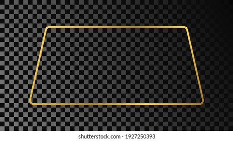 Gold glowing rounded trapezoid shape frame isolated on dark transparent background. Shiny frame with glowing effects. Vector illustration.