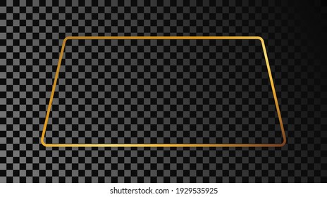 Gold glowing rounded trapezoid shape frame isolated on dark transparent background. Shiny frame with glowing effects. Vector illustration.