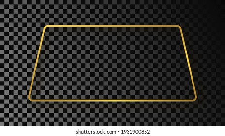 Gold glowing rounded trapezoid shape frame with shadow isolated on dark transparent background. Shiny frame with glowing effects. Vector illustration.