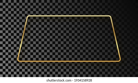 Gold glowing rounded trapezoid shape frame with shadow isolated on dark transparent background. Shiny frame with glowing effects. Vector illustration.