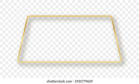 Goldener, abgerundeter Trapezrahmen mit Schatten einzeln auf transparentem Hintergrund. Leuchtender Rahmen mit leuchtenden Effekten. Vektorgrafik.