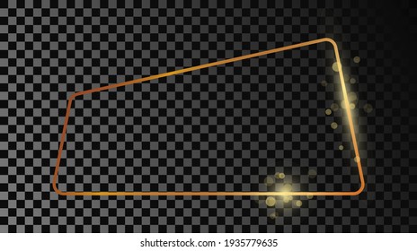 Gold glowing rounded trapezoid shape frame isolated on dark transparent background. Shiny frame with glowing effects. Vector illustration.