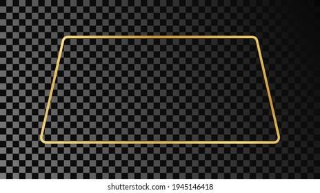 Gold glowing rounded trapezoid shape frame isolated on dark transparent background. Shiny frame with glowing effects. Vector illustration.