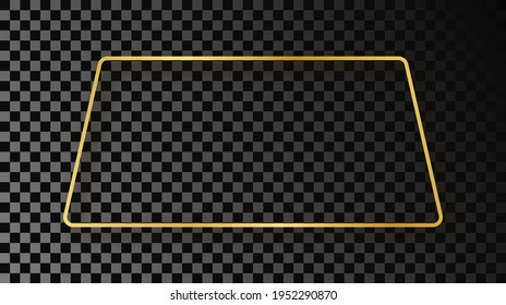 Gold glowing rounded trapezoid shape frame with shadow isolated on dark transparent background. Shiny frame with glowing effects. Vector illustration.