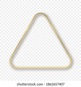 Gold glowing rounded triangle frame with shadow isolated on transparent background. Shiny frame with glowing effects. Vector illustration.