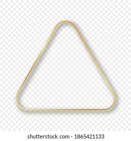 Gold glowing rounded triangle frame with shadow isolated on transparent background. Shiny frame with glowing effects. Vector illustration.