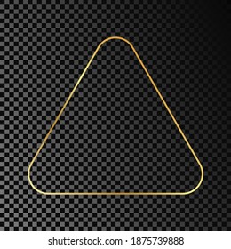 Gold glowing rounded triangle frame isolated on dark transparent background. Shiny frame with glowing effects. Vector illustration.