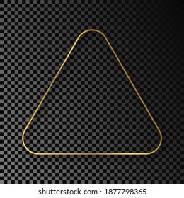 Gold glowing rounded triangle frame with shadow isolated on dark transparent background. Shiny frame with glowing effects. Vector illustration.