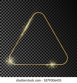 Gold glowing rounded triangle frame isolated on dark transparent background. Shiny frame with glowing effects. Vector illustration.