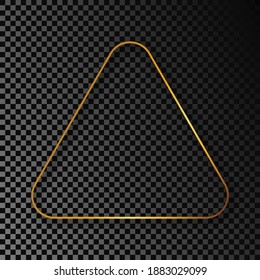 Gold glowing rounded triangle frame with shadow isolated on dark transparent background. Shiny frame with glowing effects. Vector illustration.