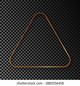 Gold glowing rounded triangle frame with shadow isolated on dark transparent background. Shiny frame with glowing effects. Vector illustration.