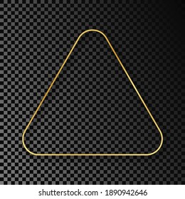 Gold glowing rounded triangle frame with shadow isolated on dark transparent background. Shiny frame with glowing effects. Vector illustration.