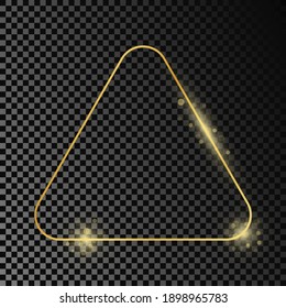 Gold glowing rounded triangle frame isolated on dark transparent background. Shiny frame with glowing effects. Vector illustration.