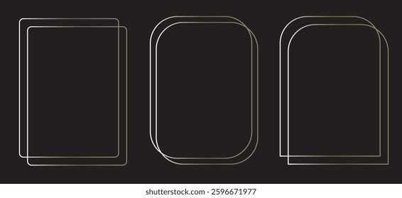 gold glowing shiny boarder element pack. Vector bundle for photo, card, poster, Golden thin frame set. Gold geometric borders in art deco style. Thin linear radiance rectangular shape collection.