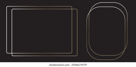 gold glowing shiny boarder element pack. Vector bundle for photo, card, poster, Golden thin frame set. Gold geometric borders in art deco style. Thin linear radiance rectangular shape collection.