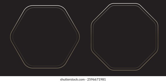 gold glowing shiny boarder element pack. Vector bundle for photo, card, poster, Golden thin frame set. Gold geometric borders in art deco style. Thin linear radiance rectangular shape collection.