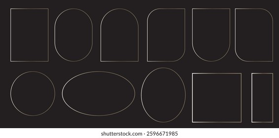 gold glowing shiny boarder element pack. Vector bundle for photo, card, poster, Golden thin frame set. Gold geometric borders in art deco style. Thin linear radiance rectangular shape collection.