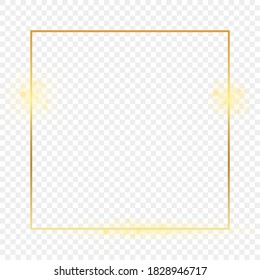 Gold glowing square frame isolated on transparent background. Shiny frame with glowing effects. Vector illustration.