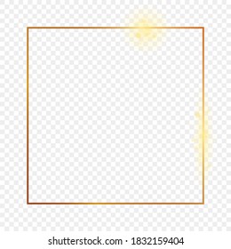 Gold glowing square frame isolated on transparent background. Shiny frame with glowing effects. Vector illustration.