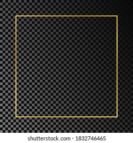 Goldener, leuchtender quadratischer Rahmen einzeln auf dunkeltransparentem Hintergrund. Leuchtender Rahmen mit leuchtenden Effekten. Vektorgrafik.