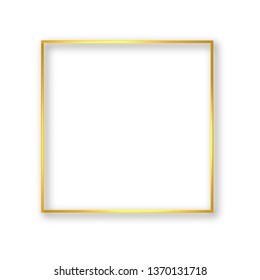 Gold glowing square frame with shadow isolated on white. Luxury golden border vector background. Easy to edit template for invitations, cards, party decorations, wedding stationery etc.