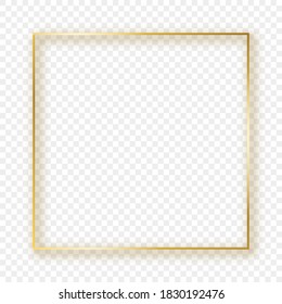 Marco cuadrado dorado brillante con sombra aislada sobre fondo transparente. Marco brillante con efectos brillantes. Ilustración vectorial.