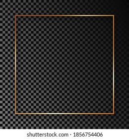 Gold glowing square frame with shadow isolated on dark transparent background. Shiny frame with glowing effects. Vector illustration.