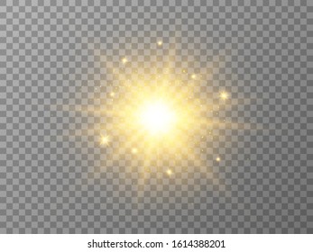 Gold glowing star with particles on transparent backdrop. Magic light effect with stardust. Bright yellow energy flash. Golden explosion with glitter. Vector illustration.