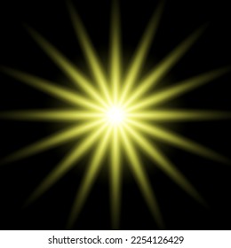 Gold glowing star. Realistic sun rays. Yellow sun ray glow abstract shine light effect. Yellow energy flash. Special lens flare light effect. Vector illustration