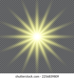 Gold glowing star. Realistic sun rays. Yellow sun ray glow abstract shine light effect. Yellow energy flash. Special lens flare light effect. Vector illustration