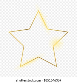 Gold glowing star shape frame isolated on transparent background. Shiny frame with glowing effects. Vector illustration.