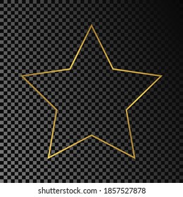 Marco de forma estrella dorado y brillante aislado sobre fondo transparente oscuro. Marco brillante con efectos brillantes. Ilustración vectorial.