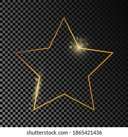 Gold glowing star shape frame isolated on dark transparent background. Shiny frame with glowing effects. Vector illustration.