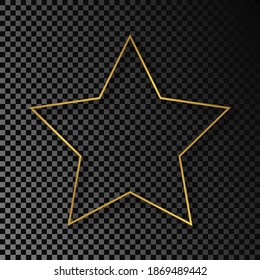 Gold glowing star shape frame with shadow isolated on dark transparent background. Shiny frame with glowing effects. Vector illustration.