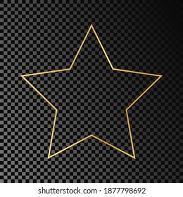 Gold glowing star shape frame isolated on dark transparent background. Shiny frame with glowing effects. Vector illustration.