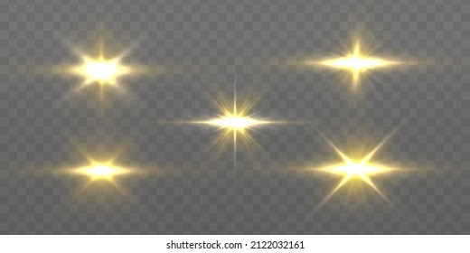 Gold glowing star. Sun flare with rays and spotlight. Golden sparks sparkle. Light flash gold png. Christmas lights effect with magic particles. Decorative sparkling yellow stars illumination. Vector.