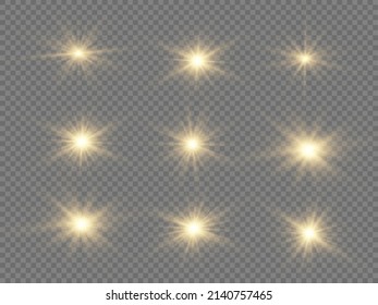 Gold Glowing Star. Sun Flare With Rays And Spotlight. Golden Sparks Sparkle. Light Flash Gold Png. Christmas Lights Effect With Magic Particles. Decorative Sparkling Yellow Stars Illumination. Vector.